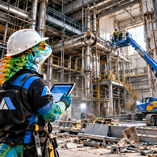 Markenillustration: Ackermann-Leguan zum Thema Gewerbe- & Industrierückbau