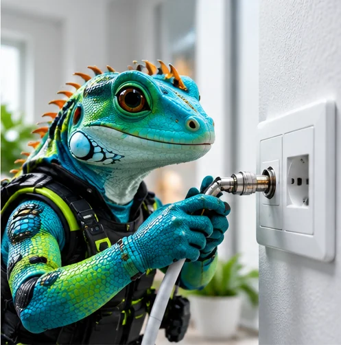 Illustration: Tech-Leguan bei der Installation Koax & Kabel-TV