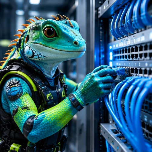 Illustration: Tech-Leguan bei der Installation LAN & Netzwerk