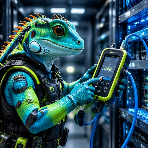 Illustration: Tech-Leguan bei der Installation Service & Fehlersuche