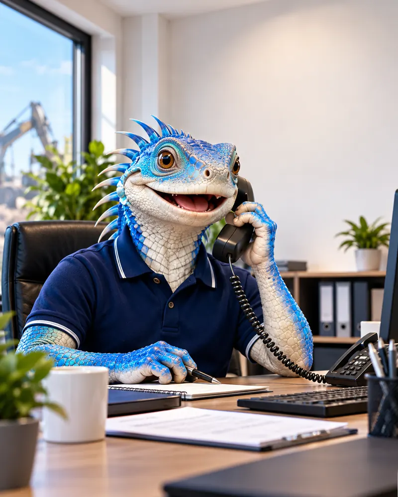 KI-Illustration: freundlicher Leguan im Büro nimmt einen Anruf entgegen